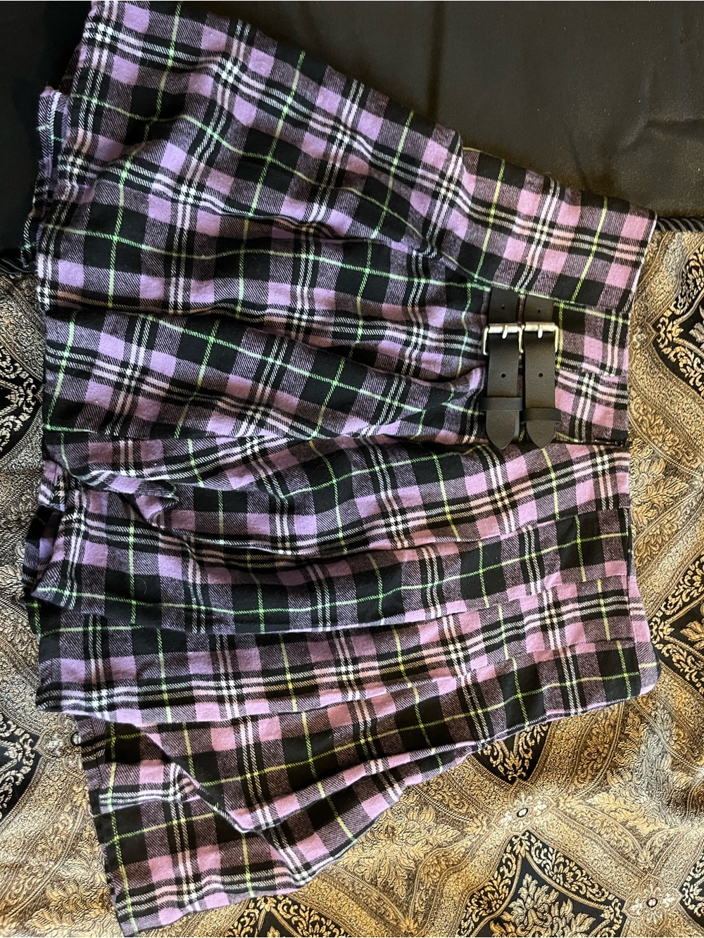Purple & Black Plaid Pleated Skirt with Buckle Detail Shein Plaid Purple Skirt